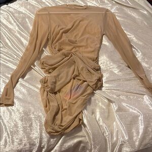 Elegant Tan Long Sleeve Sheer Dress